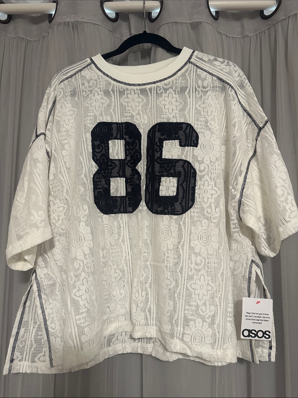 ASOS Oversized Cream Lace Knit Sweatshirt with Black '86' Appliqué